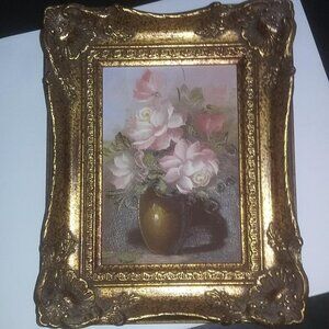VINTAGE🌻OIL PAINTING FLORAL ARRANGEMENT STILL LIFE ORNATE GOLD FRAME